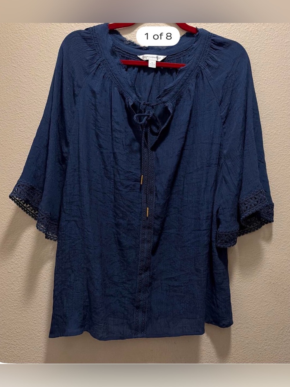 Navy XL Crochet-Trim Tie-Front Peasant Tunic Blouse Cottagecore Boho 3/4 Sleeves